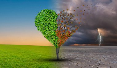 İklim değişikliğindeki hayali bir manzaradaki ağaç kuraklıktan yeşil büyümeye