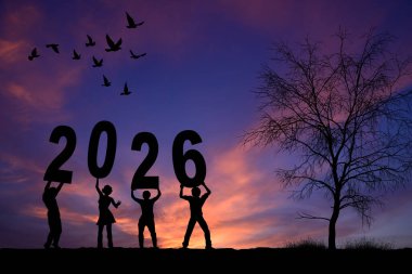 Günbatımında ya da gündoğumunda mutlu bir 2026 yılına atlayan kadın silueti.