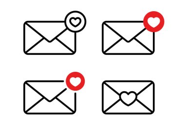 Aşk mesajı simgesi seti. Kalp sembollü zarf. Romantik e- posta işareti