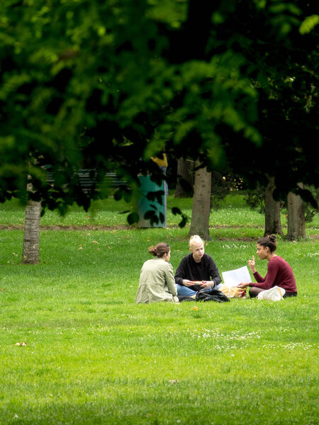 TOULOUSE ,FRANCE- 14 Jun 2018: Students take advantage of the weather to have lunch on the grass of a public garden and revise their courses for the baccalaureate.