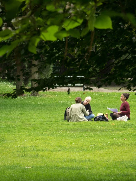 Toulouse, Fransa-14 Haziran 2018: öğrenciler bir kamu bahçe çim üzerinde öğle yemeği ve kursları Bakalorya için gözden geçirmek için hava yararlanmak.