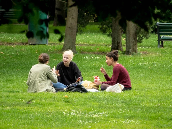 Toulouse, Fransa-14 Haziran 2018: öğrenciler bir kamu bahçe çim üzerinde öğle yemeği ve kursları Bakalorya için gözden geçirmek için hava yararlanmak.