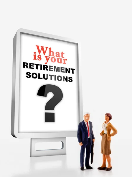 Miniature peoples retirement concept, a group of different age people are standing in front of a billboard with a question message about retirement solutions