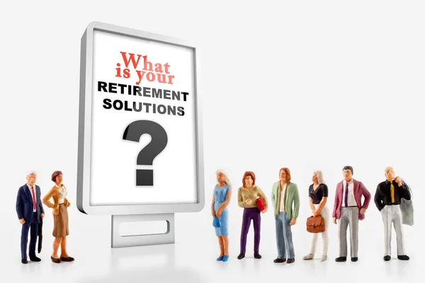 Miniature peoples retirement concept, a group of different age people are standing in front of a billboard with a question message about retirement solutions