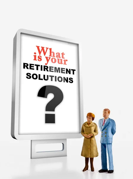 Miniature peoples retirement concept, a group of different age people are standing in front of a billboard with a question message about retirement solutions