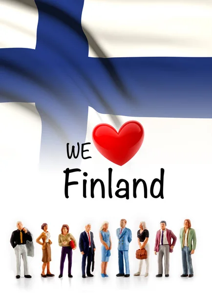 Love Finland Group People Pose Next Finnish Flag — Stock Photo, Image