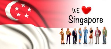 Singapur, insanlar poz Singapurlu bayrağı yanındaki bir grup seviyoruz.