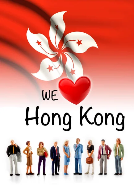we love Hong Kong, A group of people pose next to the flag of Hong Kong.