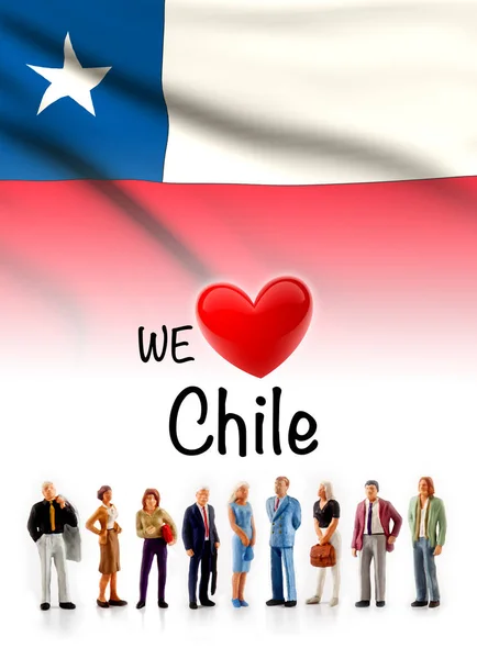 Nos Encanta Chile Grupo Personas Posan Junto Bandera Chilena — Foto de Stock