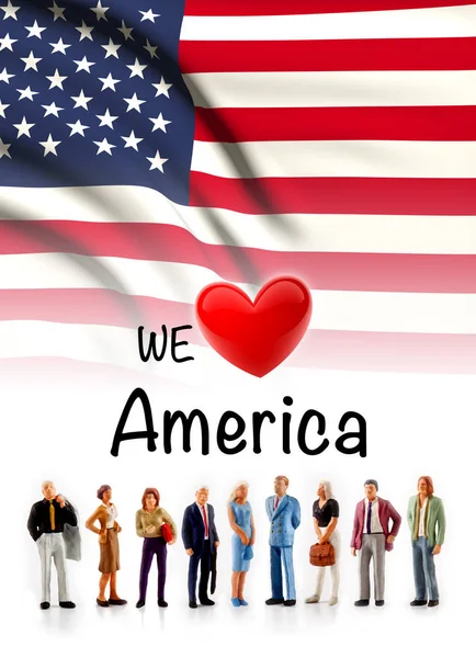 Любим Америку Группа Людей Позирует Рядом Американским Флагом — стоковое фото