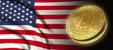 3D render: Bitcoin cryptocurrency madeni para ile Amerika, ulusal bayrak siyah bir zemin üzerine