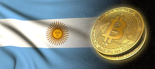 3D render: Bitcoin cryptocurrency madeni para ile Arjantin, ulusal bayrak siyah bir zemin üzerine