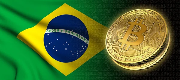 Rendering Bitcoin Cryptocurrency Coin National Flag Brazil Black Background — Stock Photo, Image