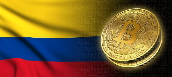 3D render: Bitcoin cryptocurrency para Kolombiya, ulusal bayrak siyah bir arka plan ile
