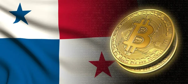 Rendu Bitcoin Pièce Crypto Monnaie Avec Drapeau National Panama Sur — Photo