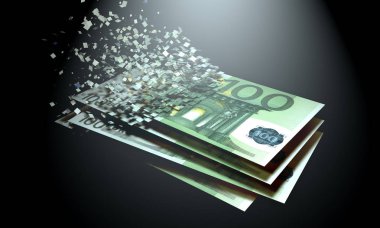 The dematerialization of money, euros are dematerialized on a black background. clipart