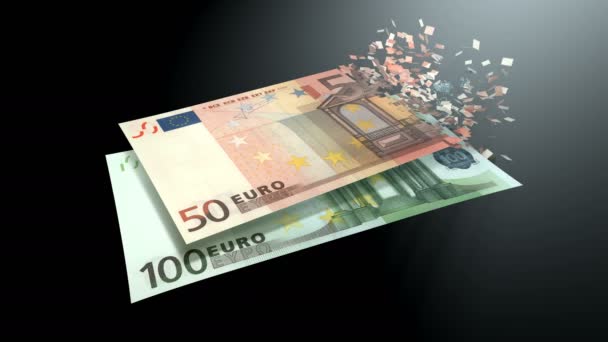 Rendering Animation Avmaterialisering Pengar Euro Dematerialiserade Svart Bakgrund — Stockvideo