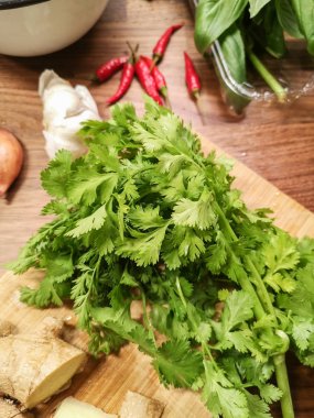 ev pişirme Asya çanak, taze kişniş yaprakları üzerinde closeup