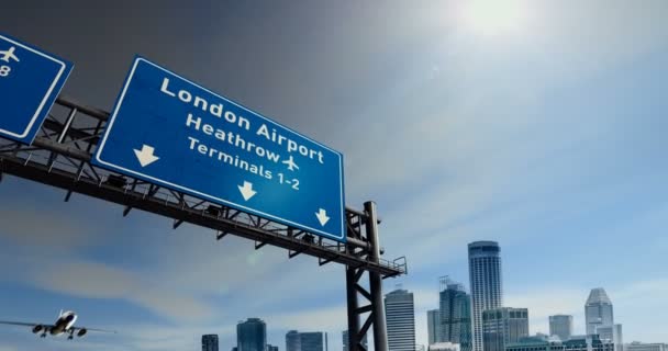 Gerenderde Animatie Een Vliegtuig Neemt Van London Airport Met Stad — Stockvideo