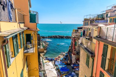 Riomaggiore, İtalya - 29 Nisan 2017 - Ünlü Cinque Terre Milli Parkı'nın içinde, Liguria'daki güzel Riomaggiore kasabasının bir caddesinin görünümü.
