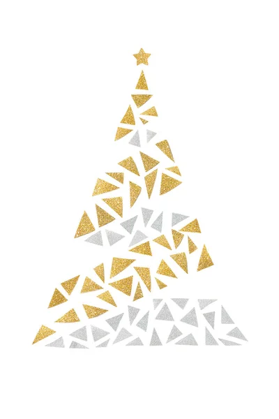Papel Árvore Natal Glitter Ouro Prata Cortado Sobre Fundo Branco — Fotografia de Stock