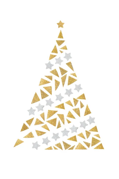 Papel Árvore Natal Glitter Ouro Prata Cortado Sobre Fundo Branco — Fotografia de Stock