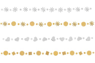 Beyaz arkaplanda altın ve gümüş renkli parlak kağıt kesimi - izole