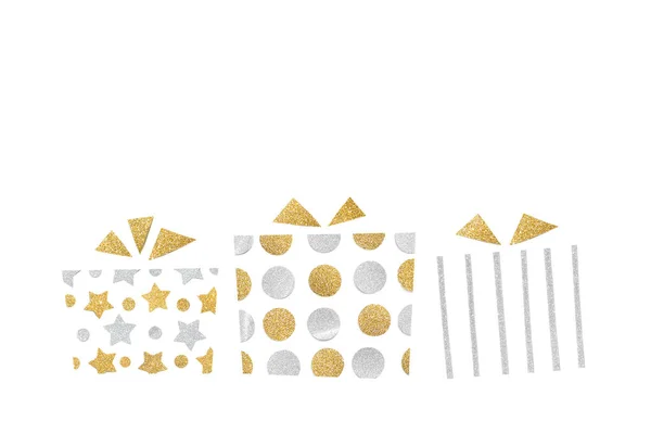 Oro Plata Brillo Cajas Regalo Papel Cortado Sobre Fondo Blanco — Foto de Stock