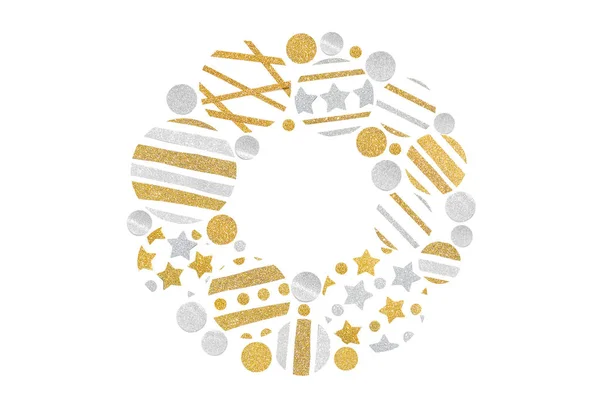 Золотий Срібний Блиск Різдвяні Кульки Вінок Папір Вирізаний Білому Тлі — стокове фото