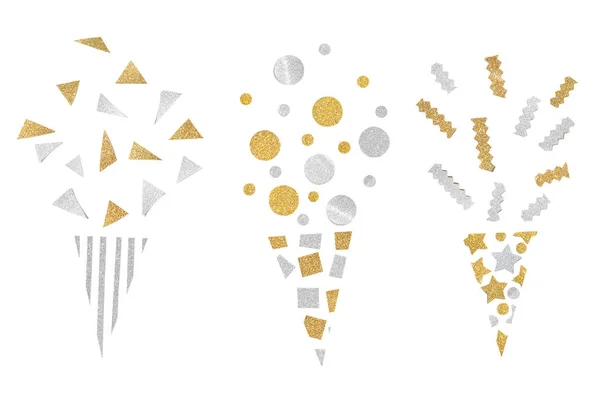 Gold and silver glitter party popper paper cut background - isolated