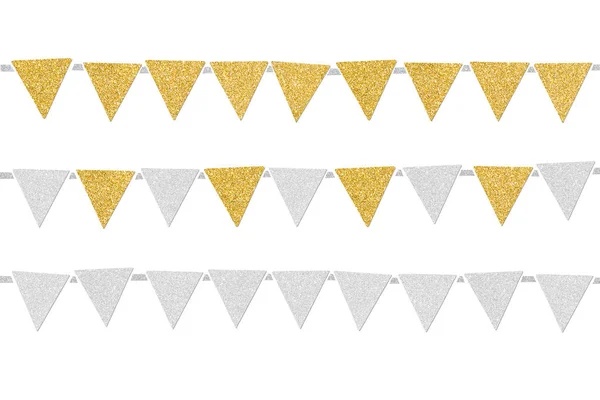 Gold and silver glitter bunting paper cut on white background - isolated — Stock Photo, Image