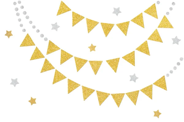 Gold Silver Glitter Bunting Paper Cut White Background Isolated — Stock Photo, Image