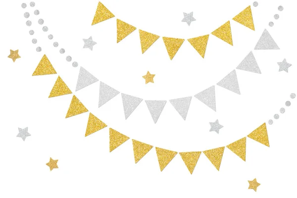 Gold Silver Glitter Bunting Paper Cut White Background Isolated — Stock Photo, Image