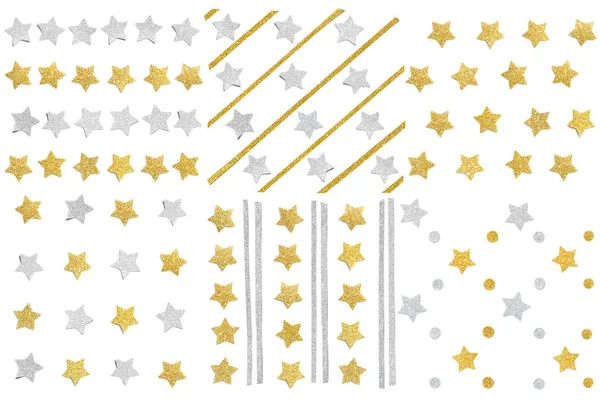 Zlaté Stříbrné Glitter Hvězda Vzor Škrábnutí Bílém Pozadí Izolovaný — Stock fotografie