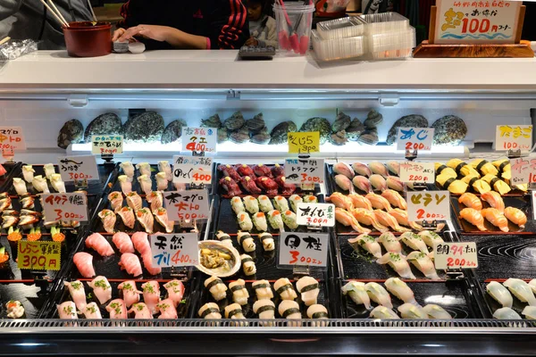 Shimonoseki Japan November 2018 Verschiedene Sushi Sorten Werden Auf Dem — Stockfoto