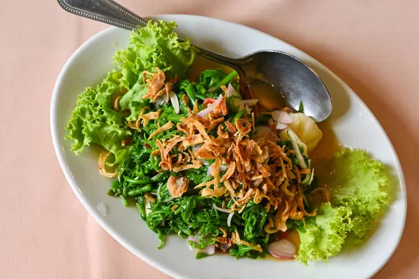 Yenilebilir eğrelti otu (Phak Kut) baharatlı salata, güney tarzı, Tayland — Stok fotoğraf