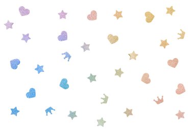 Gökkuşağı glitter yıldız, kalp ve taç kağıt beyaz arka plan üzerinde kesilmiş