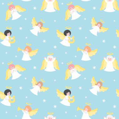 Kışın kusursuz desenli melek çizgi filmi. Pastel.