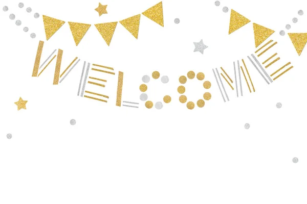 Gold Silver Welcome Bunting Paper Cut White Background Isolated — Stock Photo, Image