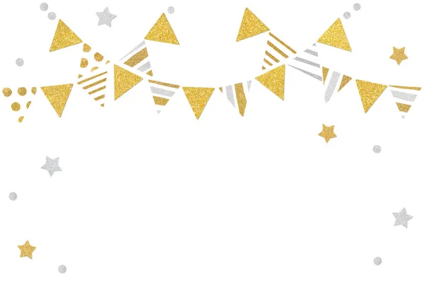 Gold Silver Glitter Bunting Paper Cut White Background Isolated — Stock Photo, Image