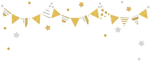 Gold Silver Glitter Bunting Paper Cut White Background Isolated — Stock Photo, Image