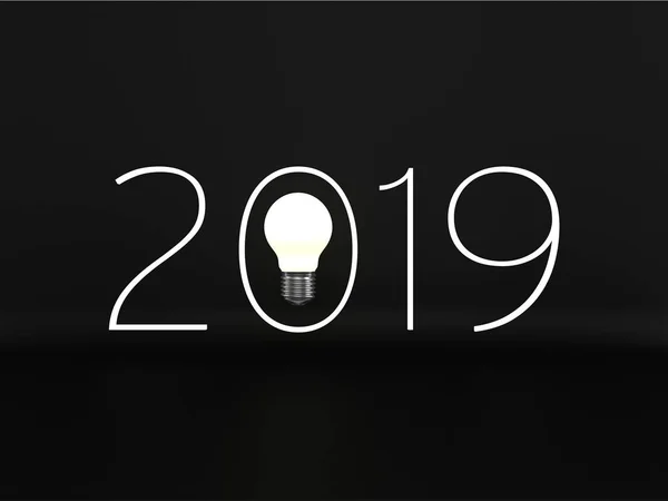 Siyah giyen 2019 mutlu yeni yıl metin 3D çizimi ışıklı ampul çizim içinde sıfır ile