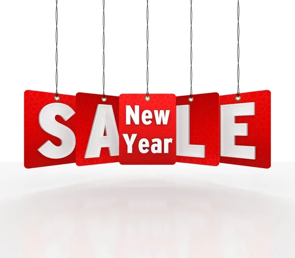 Yeni yıl satış 3D illüstrasyon kırmızı olarak Etiketler asmak.