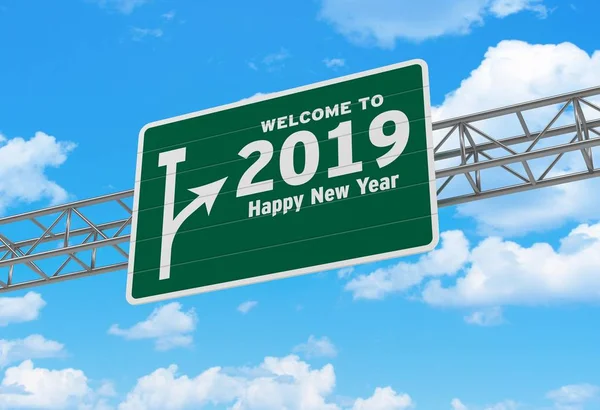 Mutlu yeni yıl metni otoyol çıkış olarak 2019 3D çizimi imzalamak
