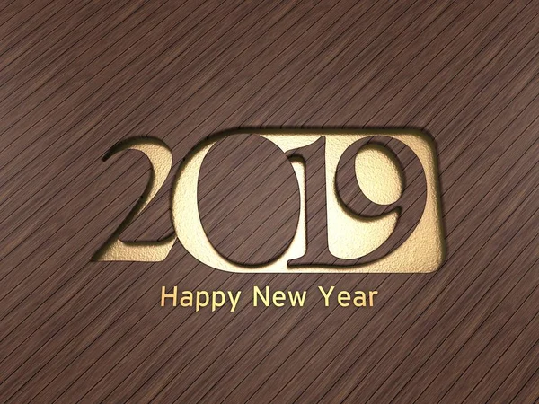 2019 3D çizimi dövülmüş altın arka plan üzerinde kesme ahşap metinde mutlu yeni yıl