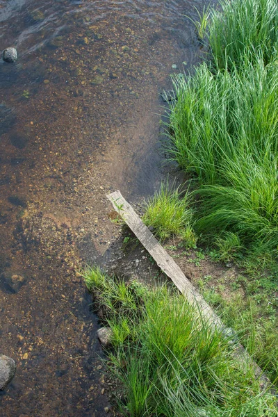 Çim nehir kıyısında ahşap köprü