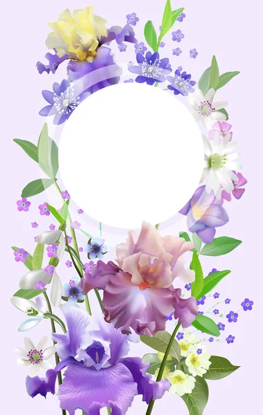 矢量复古植物横幅与虹膜花在白色 天然化妆品 女装的花卉设计 可用作贺卡 结婚请柬 夏季背景 — 图库矢量图片