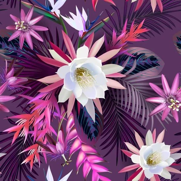 Тропические Цветы Листья Бесшовный Узор — стоковый вектор