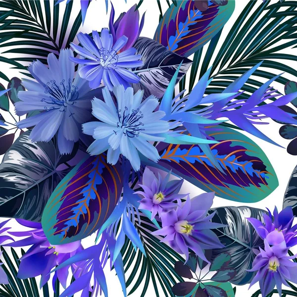 Tropikalne Kwiaty Liście Bez Szwu Wzór — Wektor stockowy