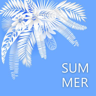 Tropikal afiş yeşil palmiye ile beyaz zemin üzerine bırakır. Modaya uygun kağıt mevsimlik posterdeki stil kesti. Şablon baskı veya web tasarım. Vektör çizim